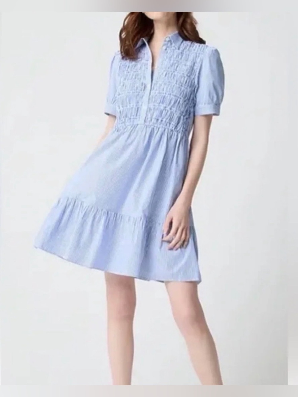 J. Crew Blue Striped Smocked Short Sleeve Dress- Large